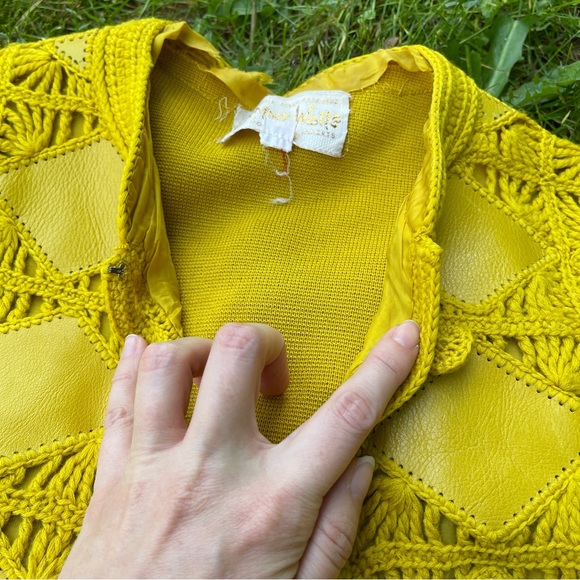 1960s Vintage Sammy Wong wool crochet leather patchwork cardigan sweater jacket - Picture 7 of 15